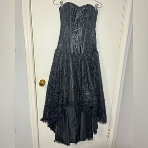 Victorian Gothic Corset Dress in Black Satin, size: 2-4
